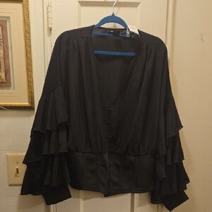 Ashley Stewart Black Ruffled Notched Collar Blouse